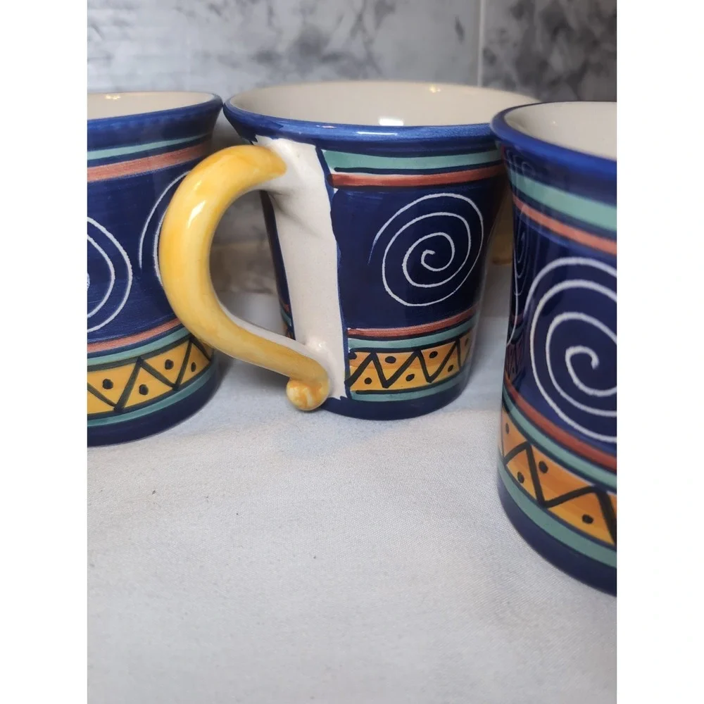 Vintage Y2K Pier 1 Italian Swirl Handpainted Mugs ~ Set of 4 ~ 16oz Earthenware
